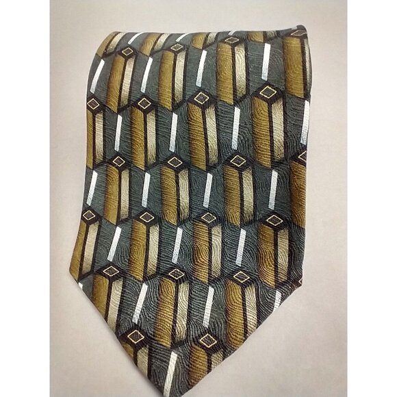 LOUIS ROTH Hand Sewn Tie USA Made Green Gray Geometric Silk Italian Retro - Picture 2 of 8